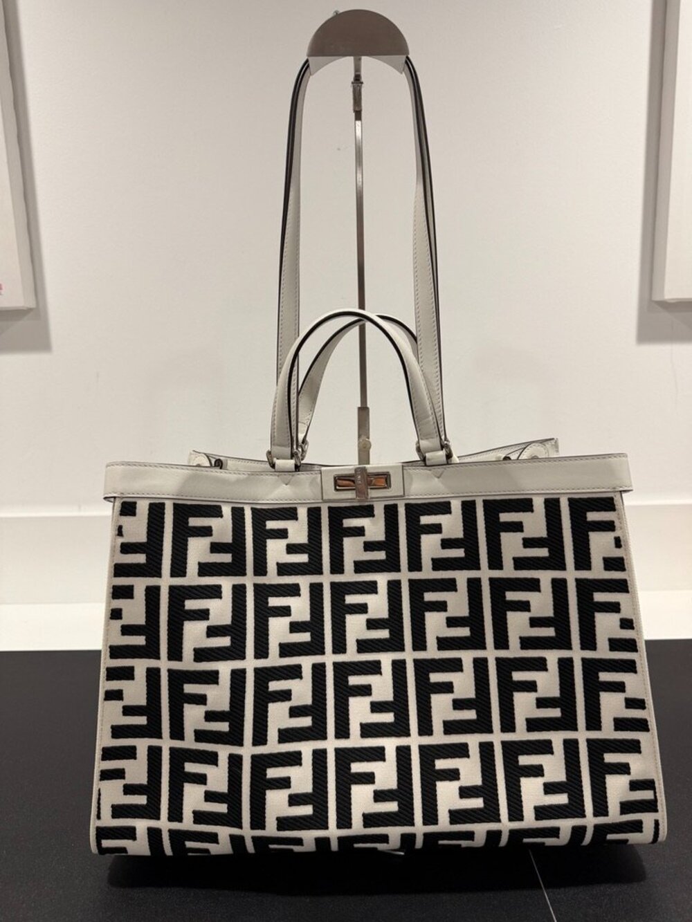 Fendi Peekaboo X-Tote FF Embroidered Canvas Black White Large Tote Bag (JB1567)